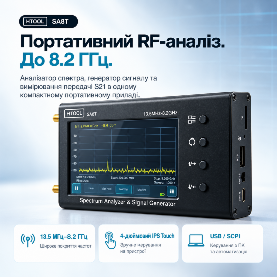 Портативний аналізатор спектра HTOOL SA8T 13.5 МГц–8.2 ГГц з генератором сигналів Портативний аналізатор спектра HTOOL SA8T 13.5 МГц–8.2 ГГц з генератором сигналів
