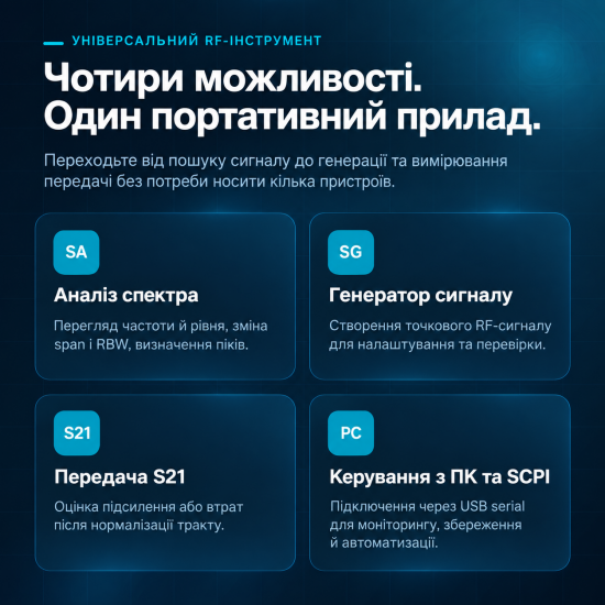 Портативний аналізатор спектра HTOOL SA8T 13.5 МГц–8.2 ГГц з генератором сигналів Портативний аналізатор спектра HTOOL SA8T 13.5 МГц–8.2 ГГц з генератором сигналів