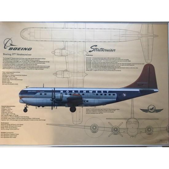 Постер авиационный Boeing 377 в алюминиевой рамке 60х43 см